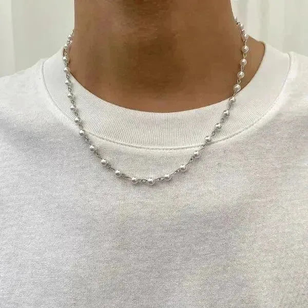 PERLENKETTE HERREN IN WEISS UND SILBER ELEGANT HALSKETTE - Königlicher Siegelring