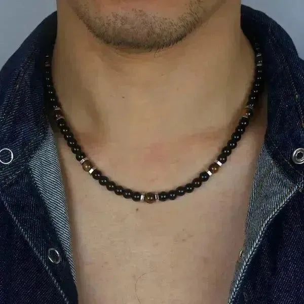 PERLENKETTE HERREN SCHWARZ MIT TIGERAUGE STEIN - Königlicher Siegelring