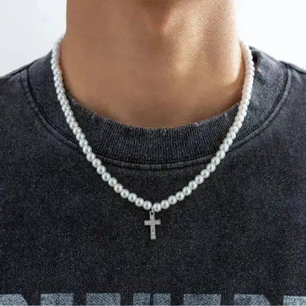 PERLENKETTE HERREN WEISS - KETTE MIT KREUZ - Königlicher Siegelring