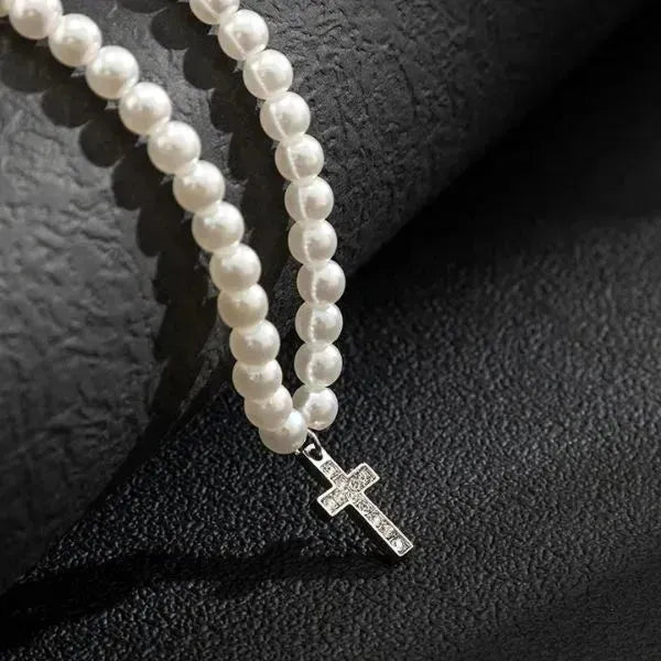 PERLENKETTE HERREN WEISS - KETTE MIT KREUZ - Königlicher Siegelring