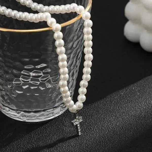 PERLENKETTE HERREN WEISS - KETTE MIT KREUZ - Königlicher Siegelring