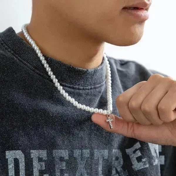 PERLENKETTE HERREN WEISS - KETTE MIT KREUZ - Königlicher Siegelring