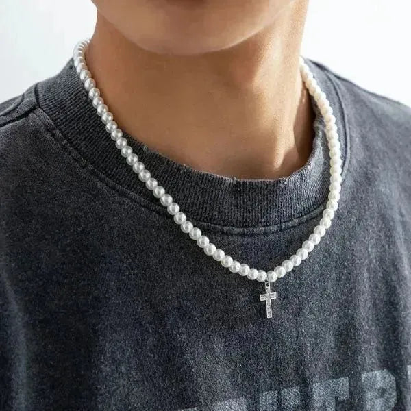 PERLENKETTE HERREN WEISS - KETTE MIT KREUZ - Königlicher Siegelring