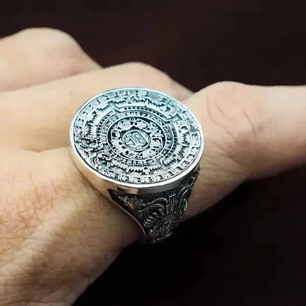 SIEGELRING AUS SILBER MASSIV DES AZTEKEN-MAYA-KALENDERS - Königlicher Siegelring