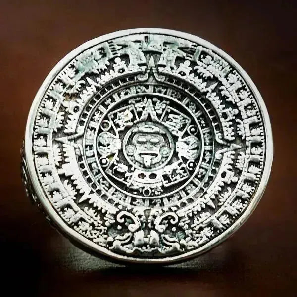 SIEGELRING AUS SILBER MASSIV DES AZTEKEN-MAYA-KALENDERS - Königlicher Siegelring