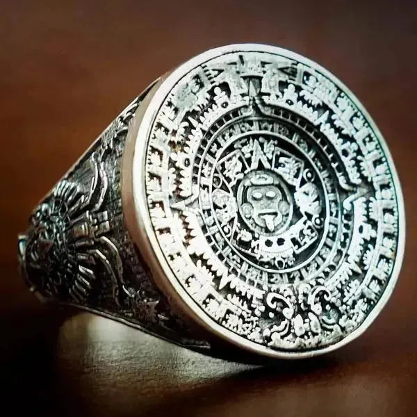 SIEGELRING AUS SILBER MASSIV DES AZTEKEN-MAYA-KALENDERS - Königlicher Siegelring