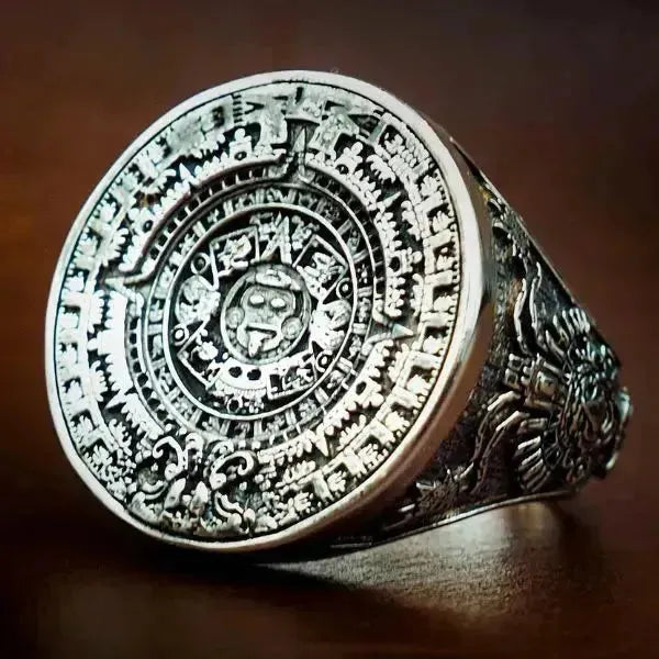 SIEGELRING AUS SILBER MASSIV DES AZTEKEN-MAYA-KALENDERS - Königlicher Siegelring