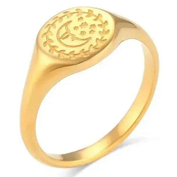 SIEGELRING DAMEN MOND SONNE STERN GOLD PLATTIERTER RING SCHMUCK - Königlicher Siegelring