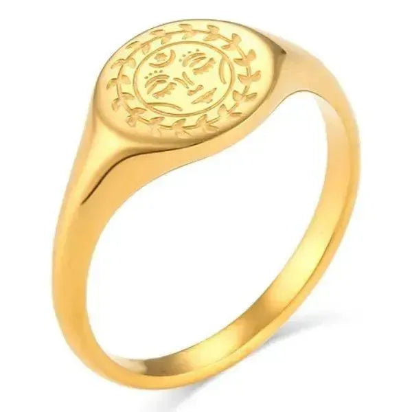 SIEGELRING DAMEN MOND SONNE STERN GOLD PLATTIERTER RING SCHMUCK - Königlicher Siegelring