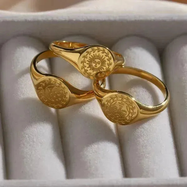 SIEGELRING DAMEN MOND SONNE STERN GOLD PLATTIERTER RING SCHMUCK - Königlicher Siegelring
