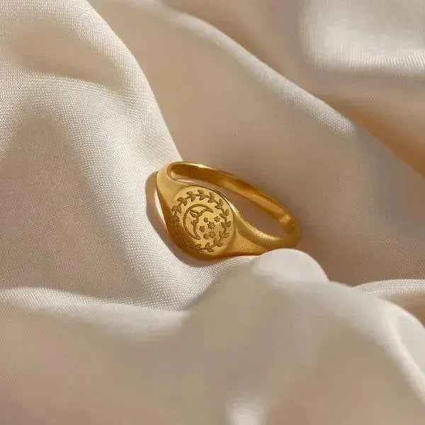 SIEGELRING DAMEN MOND SONNE STERN GOLD PLATTIERTER RING SCHMUCK - Königlicher Siegelring