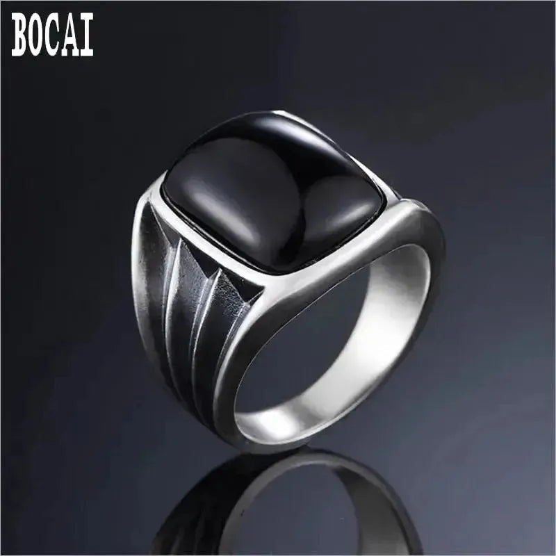 BOCA new S925 pure silver jewelry fashion black men's ring simple personality silver ring for Men domineering Boy's silver ring - Königlicher Siegelring