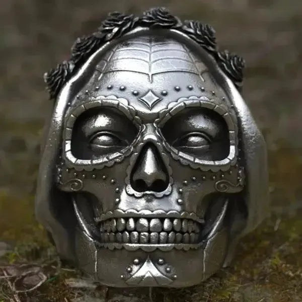 SIEGELRING GOTHIC ZUCKERSCHÄDEL STAHL "SANTA MUERTE" - Königlicher Siegelring