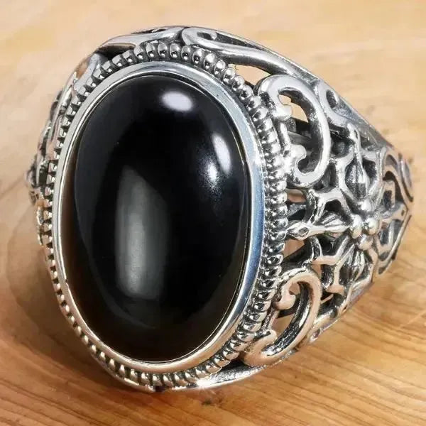 SIEGELRING HERREN UND DAMEN MIT ONYX STEIN SCHWARZ VERSTELLBARE GRÖSSE - Königlicher Siegelring