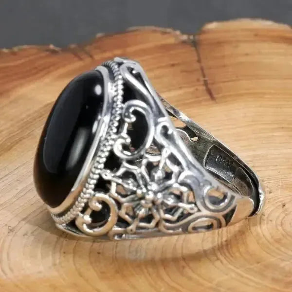 SIEGELRING HERREN UND DAMEN MIT ONYX STEIN SCHWARZ VERSTELLBARE GRÖSSE - Königlicher Siegelring