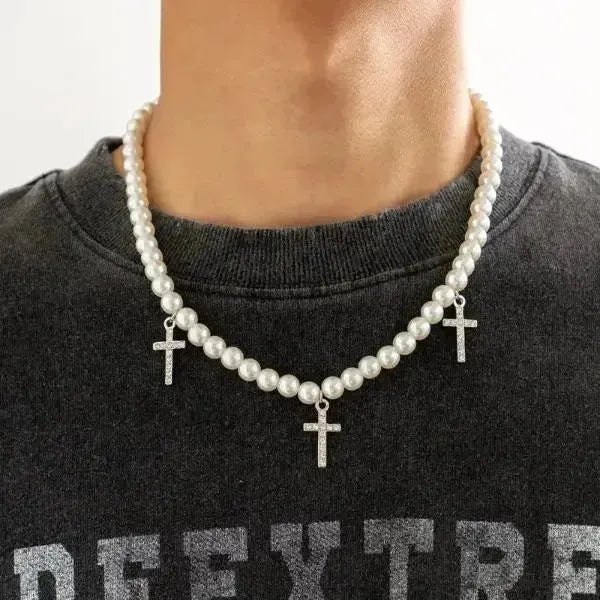 PERLENKETTE HERREN MIT KREUZ ANHÄNGER - Königlicher Siegelring