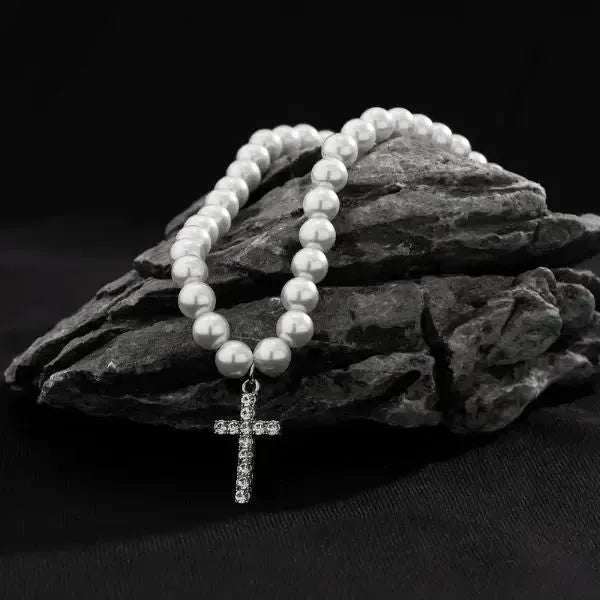 PERLENKETTE HERREN MIT KREUZ ANHÄNGER - Königlicher Siegelring