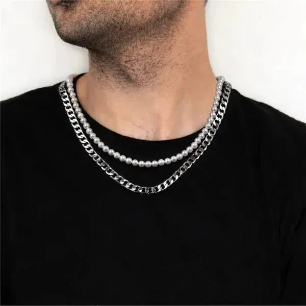 PERLENKETTE HERREN : NATÜRLICHE MUSCHEL TREND PUNK HALSKETTE SET - Königlicher Siegelring