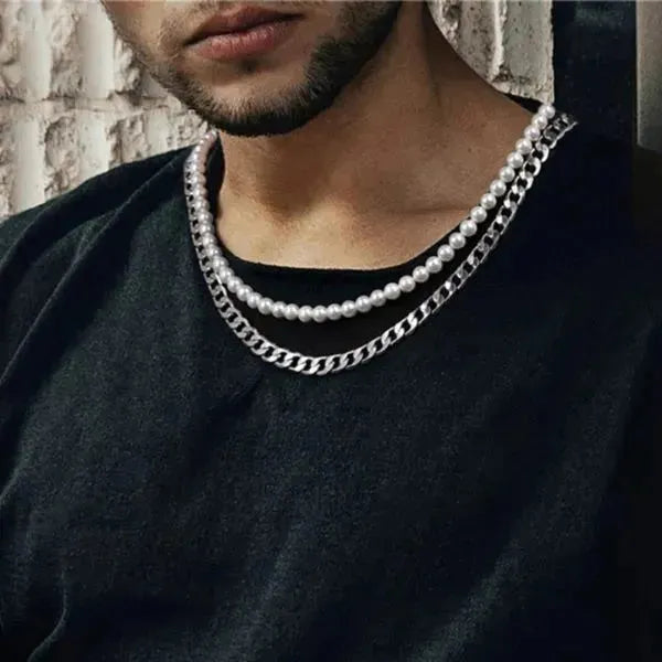PERLENKETTE HERREN : NATÜRLICHE MUSCHEL TREND PUNK HALSKETTE SET - Königlicher Siegelring