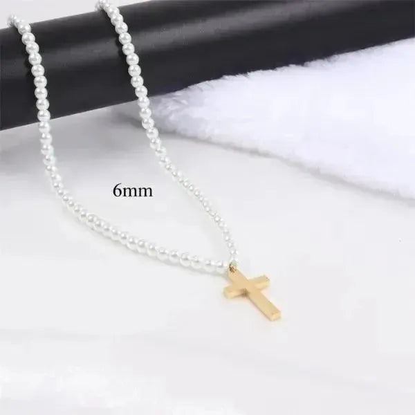 PERLENKETTE HERREN WEIß - KETTE MIT KREUZ - Königlicher Siegelring
