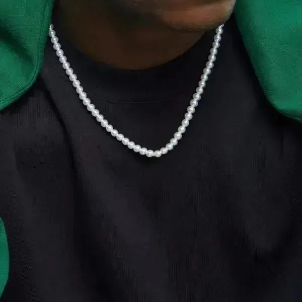 PERLENKETTE HERREN WEIß - KETTE MIT KREUZ - Königlicher Siegelring