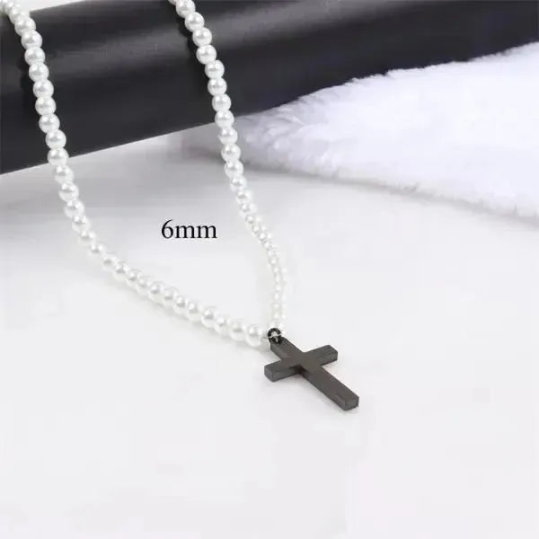 PERLENKETTE HERREN WEIß - KETTE MIT KREUZ - Königlicher Siegelring