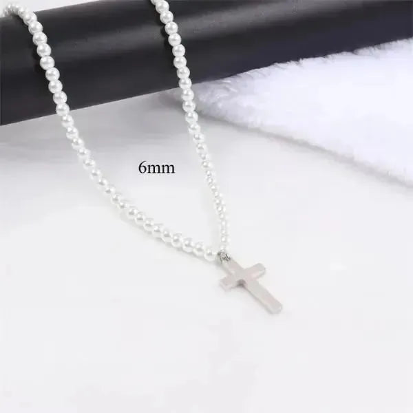 PERLENKETTE HERREN WEIß - KETTE MIT KREUZ - Königlicher Siegelring
