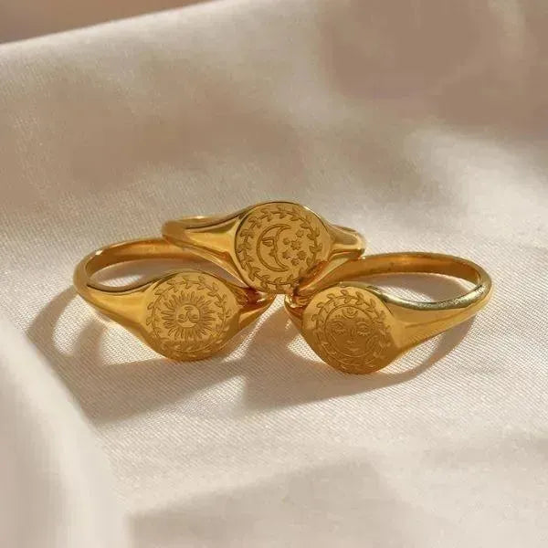 SIEGELRING DAMEN MOND SONNE STERN GOLD PLATTIERTER RING SCHMUCK - Königlicher Siegelring