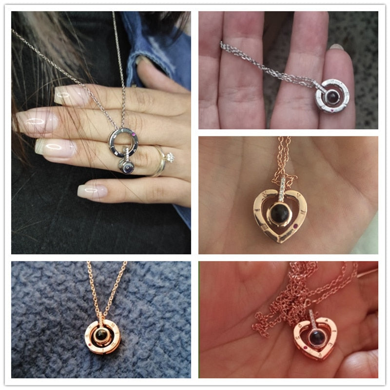 Huitan Hot Sale Round/Heart Pendant Necklace for Women with Unique Projection Function 100 Language &quot;I LOVE YOU&quot; Love Necklaces
