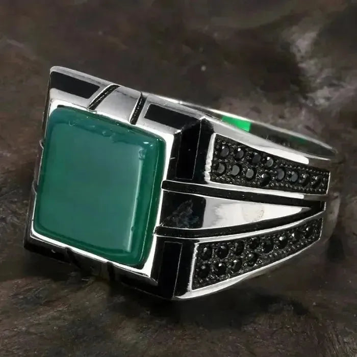    Siegelring-Silber-Herren-Attachment-Mix-Silber-grun-onyx-Stein-Krone-aufgestickt