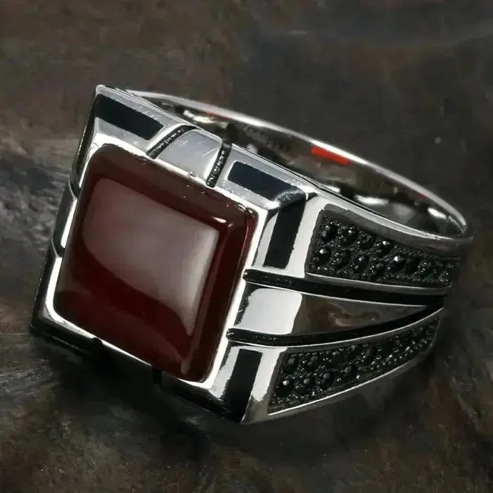 Siegelring-Silber-Herren-Attachment-Mix-Silber-rot-onyx-Stein-Krone-aufgestickt