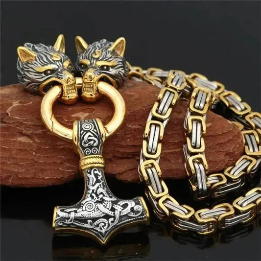 KÖNIGSKETTE HERREN THORS HAMMER KETTE GOLD UND SILBER - VIKINGS KETTE - Königlicher Siegelring