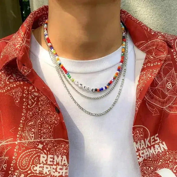PERLENKETTE HERREN WEISS BUNTE KETTE - Königlicher Siegelring