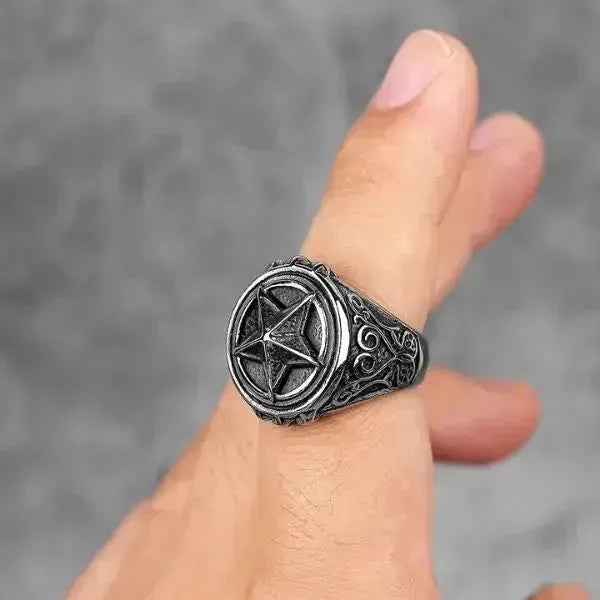 SIEGELRING HERREN AUS STAHL MIT PENTAGRAMMSYMBOL DES GLAUBENS - Königlicher Siegelring