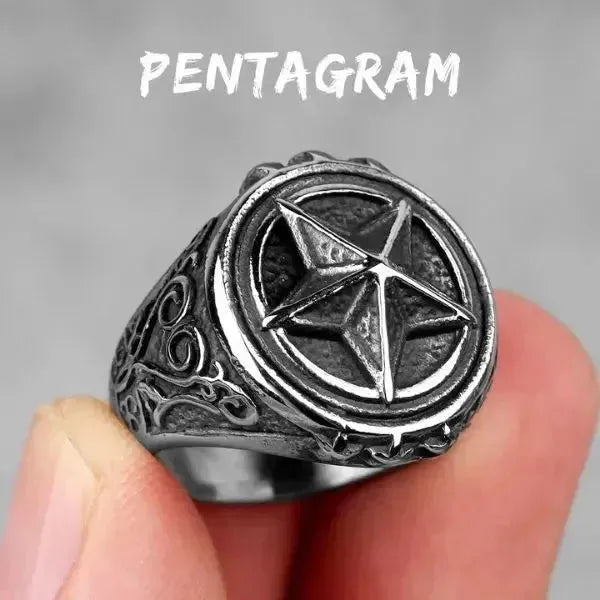SIEGELRING HERREN AUS STAHL MIT PENTAGRAMMSYMBOL DES GLAUBENS - Königlicher Siegelring