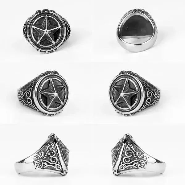 SIEGELRING HERREN AUS STAHL MIT PENTAGRAMMSYMBOL DES GLAUBENS - Königlicher Siegelring